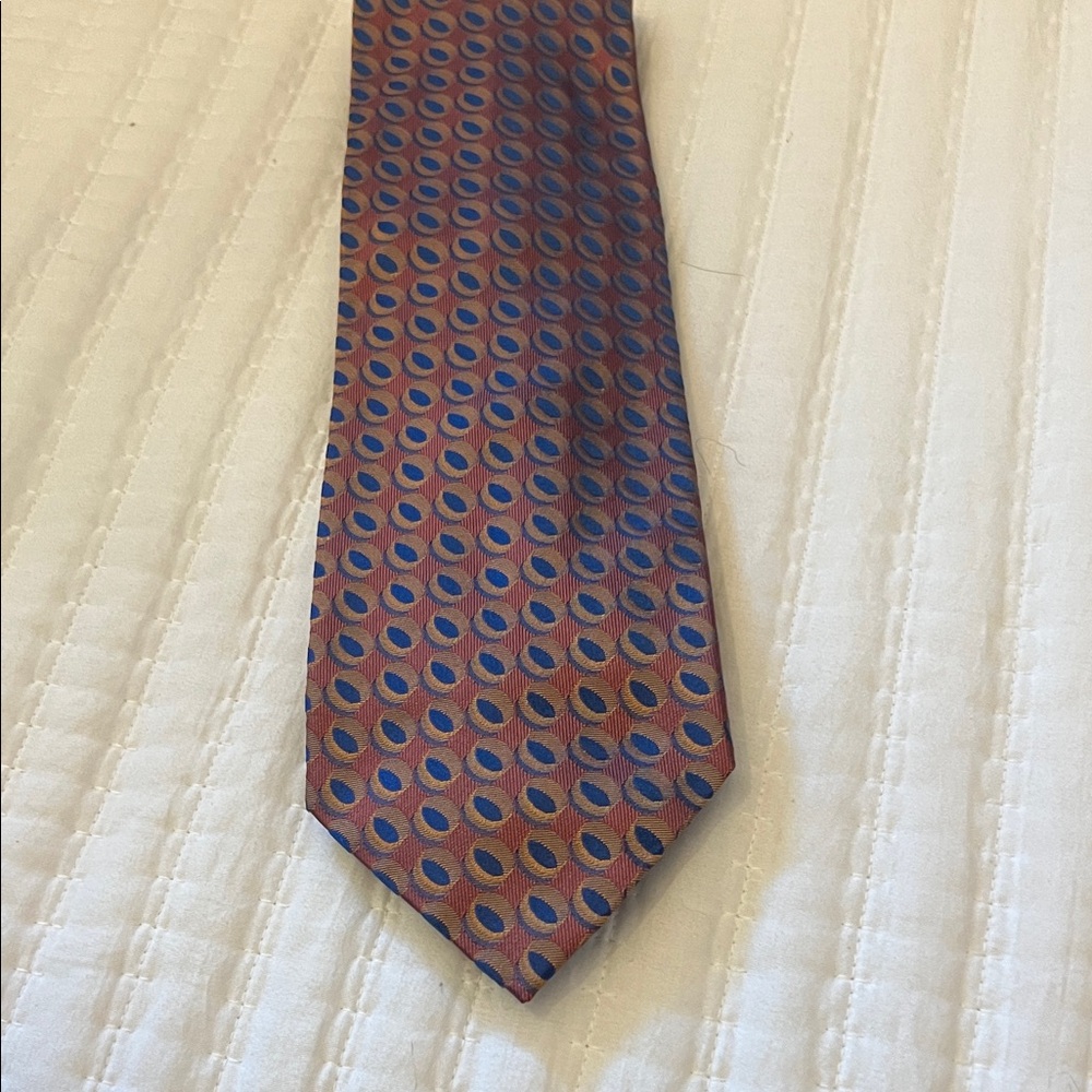 Neiman Marcus Red Geometric Silk Tie with Blue and Gold Motifs